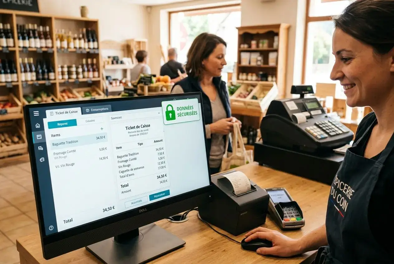 Caissière souriante utilisant un logiciel de caisse numérique dans une boutique, écran affichant une facture et paiement, contexte normatif lié à la norme nf525 c'est quoi.