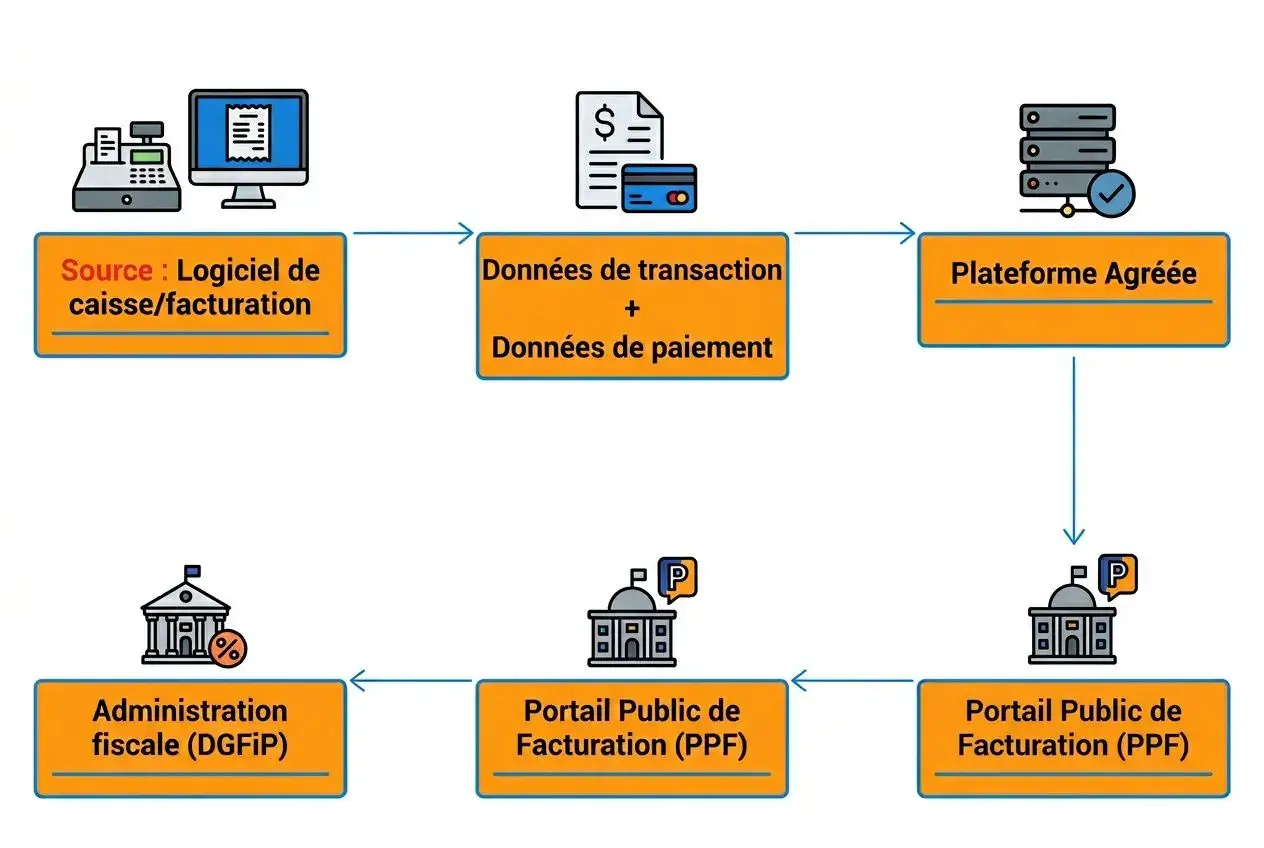 Diagramme descrivant le flux de facturation électronique avec source, données de transaction, plateforme agréée et portails publics (DGFiP, PPF). Intègre le concept de e-reporting et montre les étapes de transmission des données. Facturation électronique tout savoir sur le e-reporting.