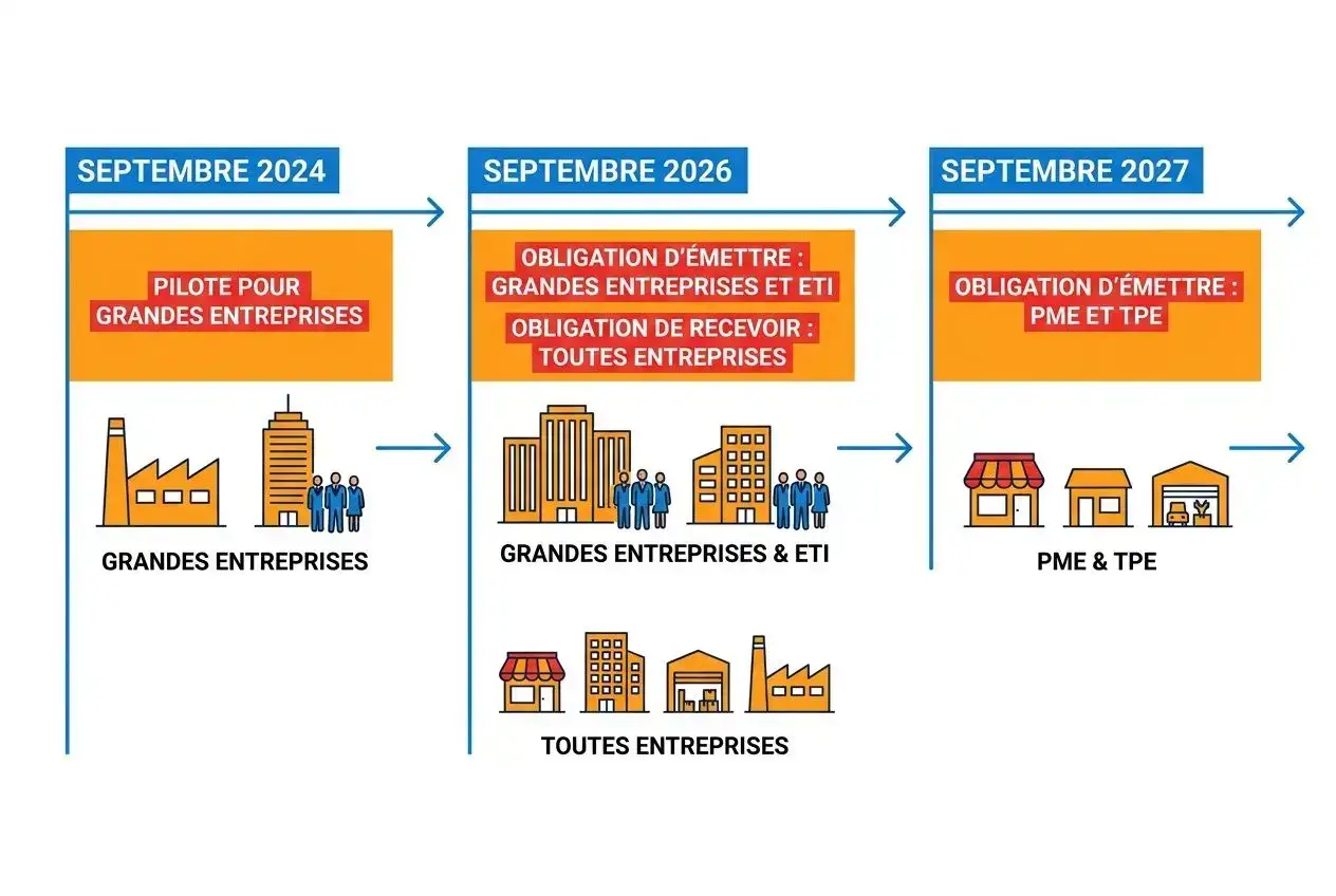 Diagramme d’un calendrier montrant les étapes NF525 et obligations d’émission pour entreprises: septembre 2024, 2026 et 2027, avec icônes d’industries et magasins. Diagramme d’un calendrier montrant les étapes NF525 et obligations d’émission pour entreprises: septembre 2024, 2026 et 2027, avec icônes d’industries et magasins.