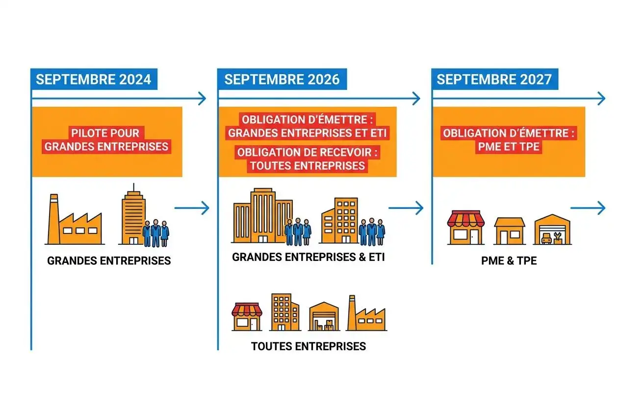 Diagramme illustrant l’échéancier des mentions obligatoires sur une facture électronique: Sept. 2024, Sept. 2026 et Sept. 2027, avec focus sur les entreprises et les obligations d’émettre et de recevoir les factures selon le type d’entreprise, incluant les mentions obligatoires. Intègre naturellement les informations obligatoires pour la facturation électronique.