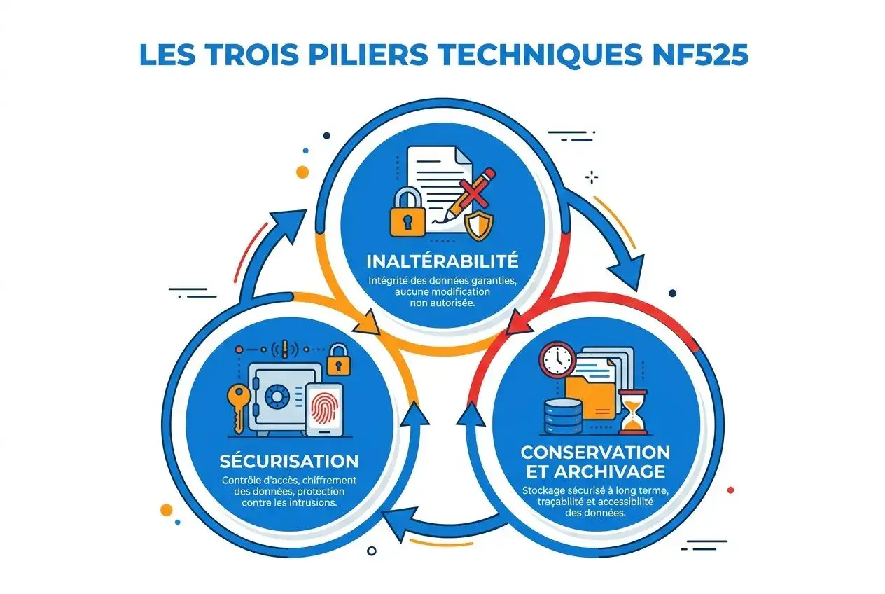 Diagramme illustrant les trois piliers techniques NF525: sécurité, sauvegarde et archivage, et intégrité (inaltérabilité) des données. Pour NF525 c'est quoi.