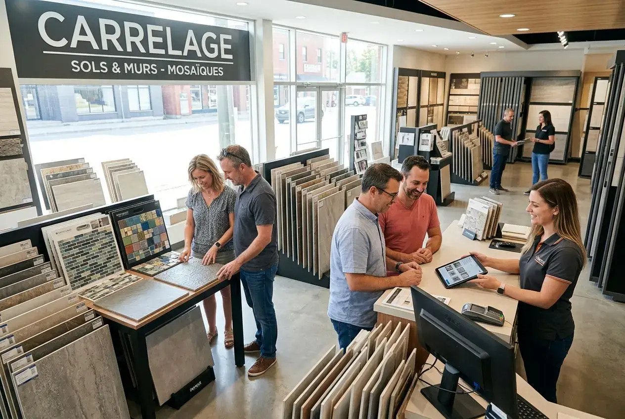 Façade professionnelle d'un magasin de carrelage avec showroom visible
