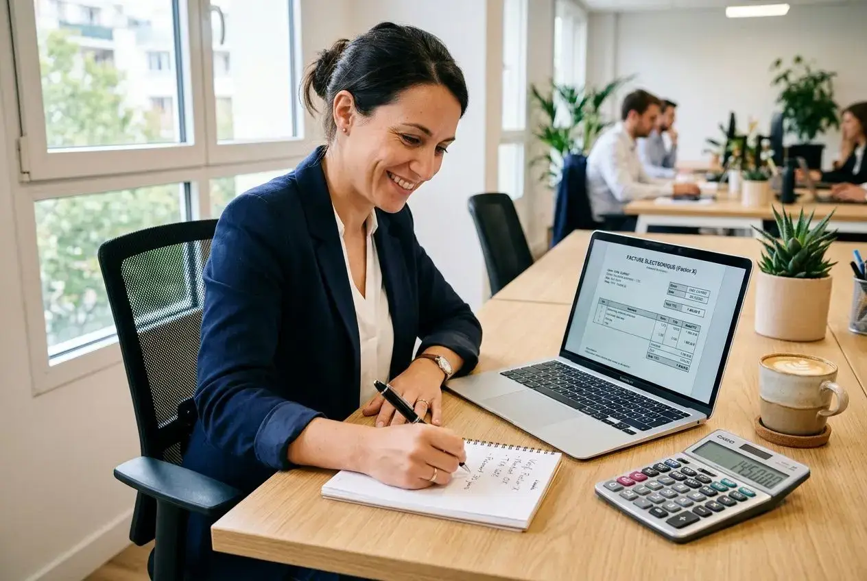 Une femme en costume écrit dans un carnet à côté d’un ordinateur portable affichant une facture; calculatrice et tasse sur le bureau, ambiance de bureau ouverte.