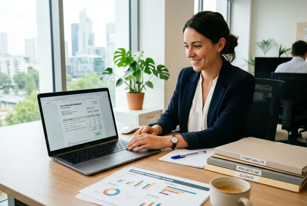 Une femme d’affaires souriante travaille sur un ordinateur portable avec une facture électronique affichée à l’écran, dans un bureau près d’une fenêtre.