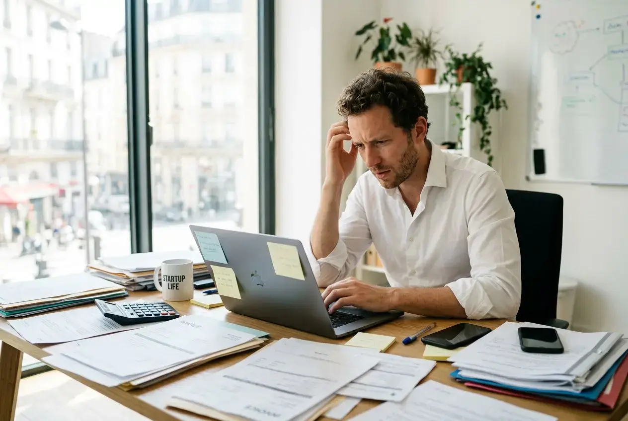 Homme d’affaires concentré devant son ordinateur portable sur un bureau encombré, entouré de papiers et d’un mug “Startup Life”, en mode travail. Optimiser la productivité petite entreprise.