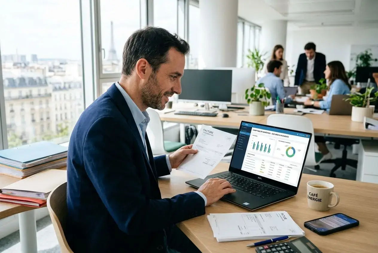 Entrepreneur vérifiant des documents et des graphiques sur son ordinateur portable, dans un bureau lumineux.