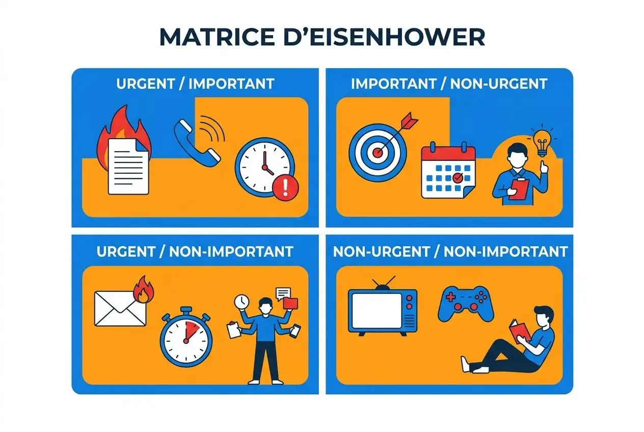 Matrice d’Eisenhower illustrée: quatre quadrants affichant urgents/ importants, important/non-urgent, urgent/non-important et non-urgent/non-important avec icônes (horloge, téléphone, cible, calendrier, feu, personne). Optimiser la productivité petite entreprise est facilité par une gestion efficace.