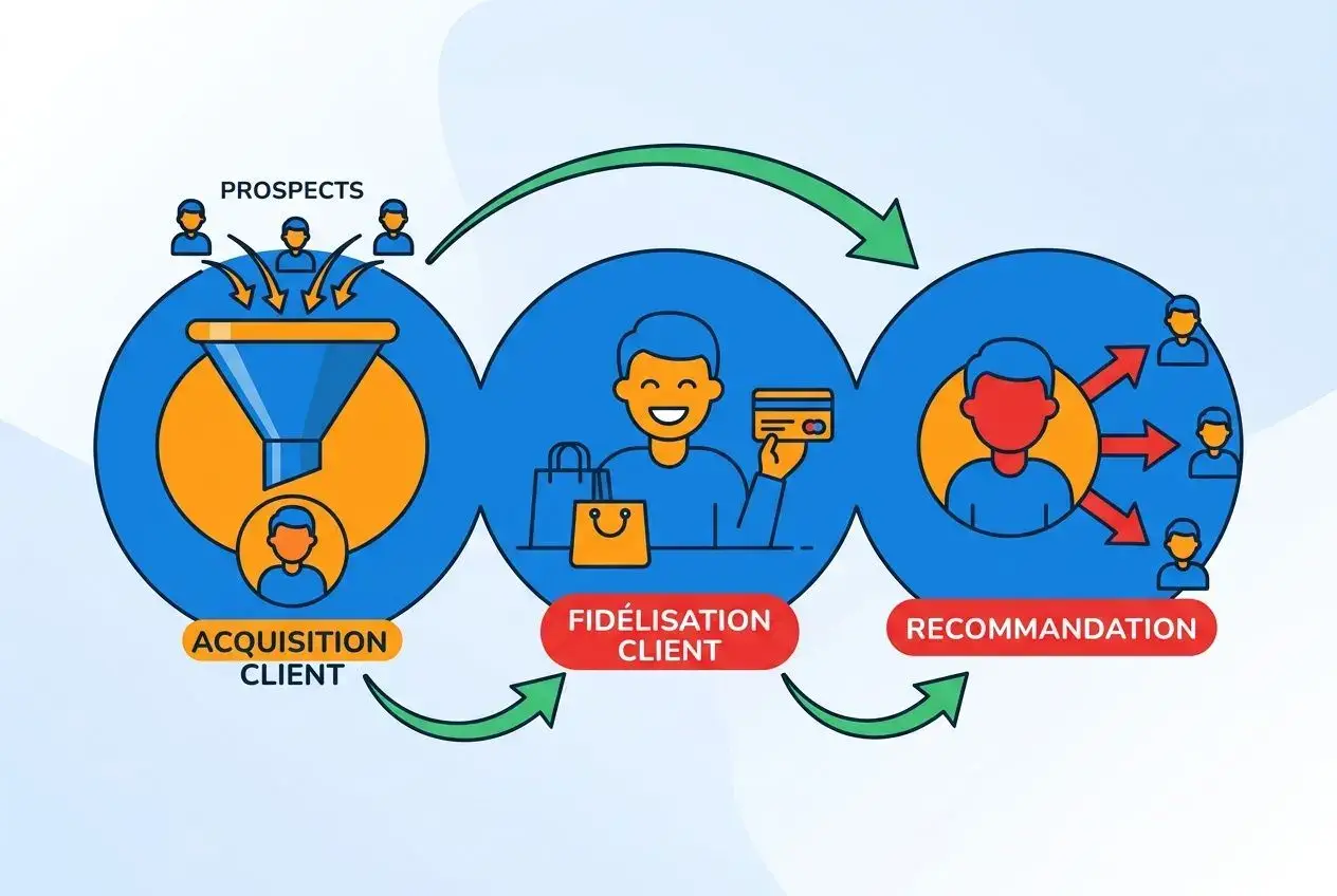 Processus d'acquisition client, fidélisation et recommandation pour augmenter le chiffre d'affaires d'une TPE, avec achat et prospection.