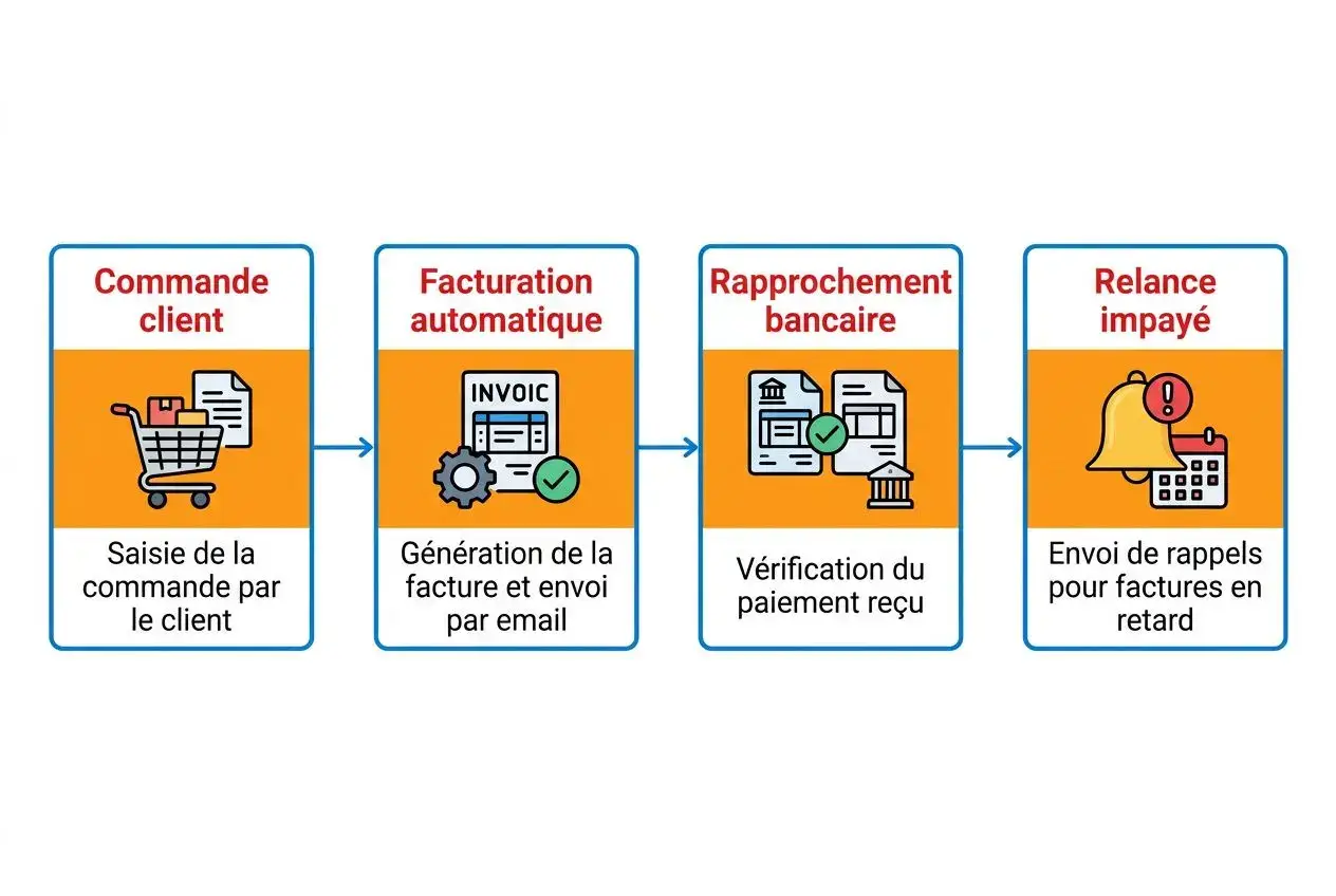 Processus de gestion des commandes: du choix client à la relance impayé, incluant facture automatisée et rappel. Optimiser la productivité petite entreprise.