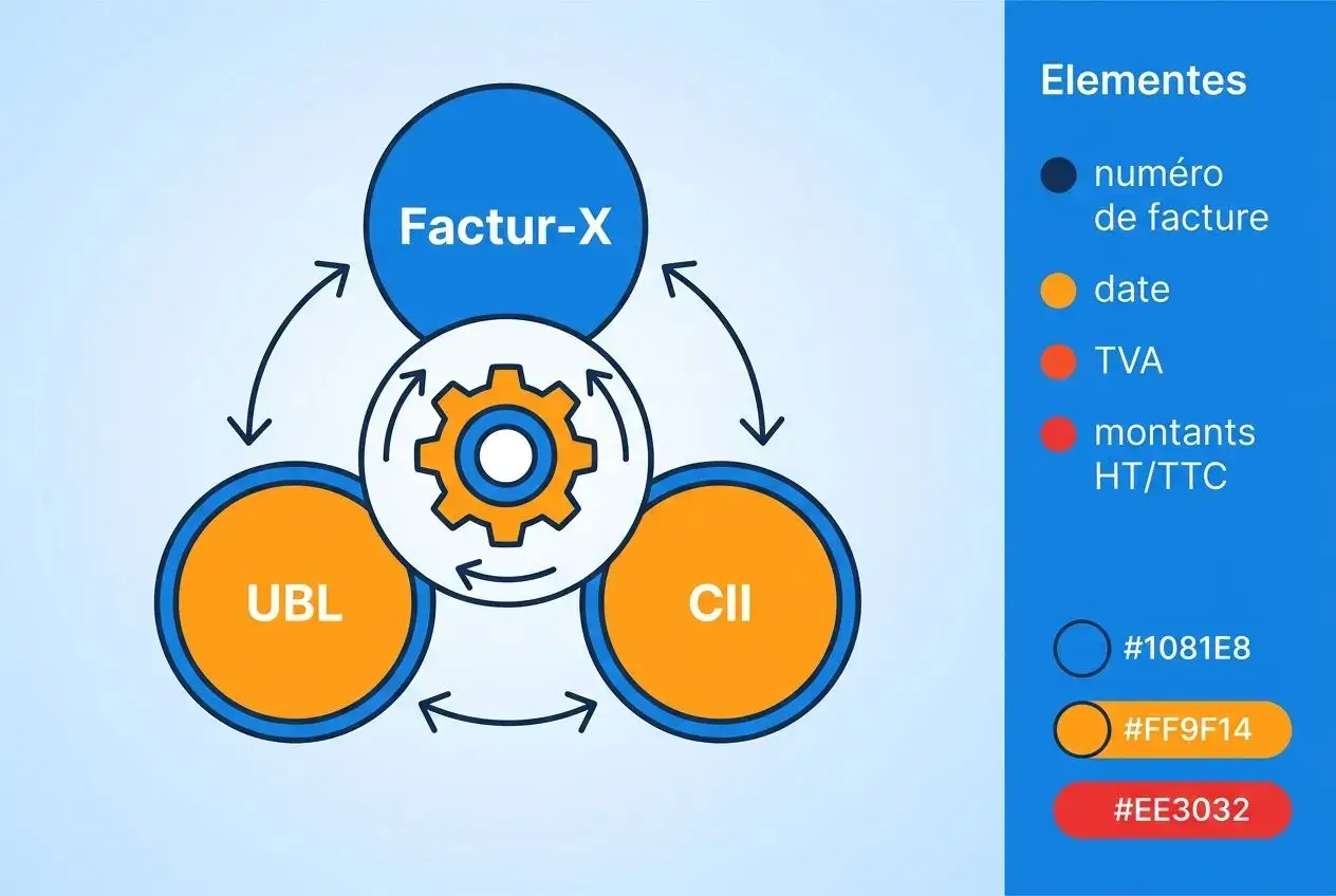 Schéma illustrant Factur-X avec trois cercles reliés (UBL, CII) autour d’un noyau central et flèches circulaires, côtés “Éléments” listant numéro de facture, date, TVA et montants HT/TTC, couleurs codées. Intègre les informations obligatoires pour la facturation électronique.