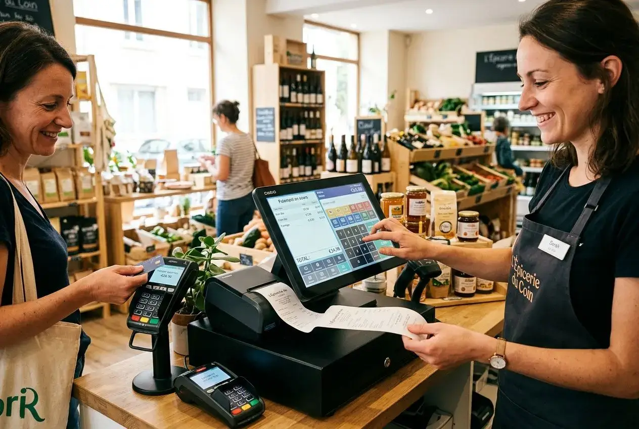 Two cashiers using a touchscreen cash register and barcode scanner at a store counter, smiling while processing a sale. Integrates a hint of choosing software for checkout.