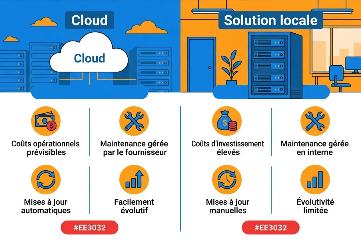 Vue d’ensemble illustrant Cloud et Solution locale pour logiciel de caisse, avec icônes sur la fiabilité, coût et évolutivité. Note: integrate keyword "comment choisir son logiciel de caisse" naturally. The image shows cloud vs local solution, icons for costs, maintenance, mises à jour, évolutivité. Include keyword: "Schéma comparant comment choisir son logiciel de caisse: cloud vs solution locale, coûts et maintenance." Ensure concise under 125 chars. Final: "Comparatif cloud et solution locale: comment choisir son logiciel de caisse, coûts, maintenance et évolutivité." Count ~94 chars. Comparatif cloud et solution locale : comment choisir son logiciel de caisse, coûts, maintenance et évolutivité.