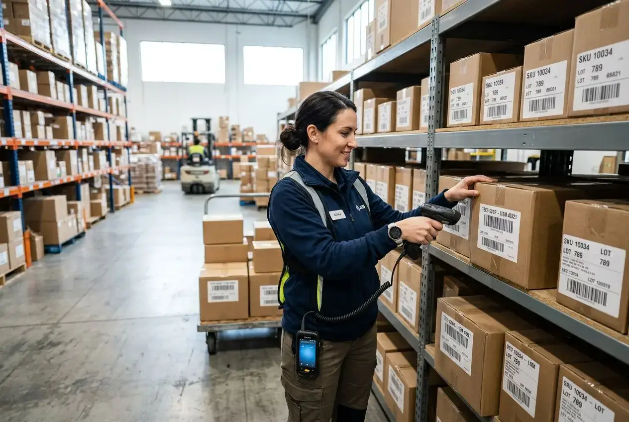 Agent en entrepôt scannant des étiquettes code-barres sur des cartons, illustrant la gestion stock code barre pour l’inventaire.