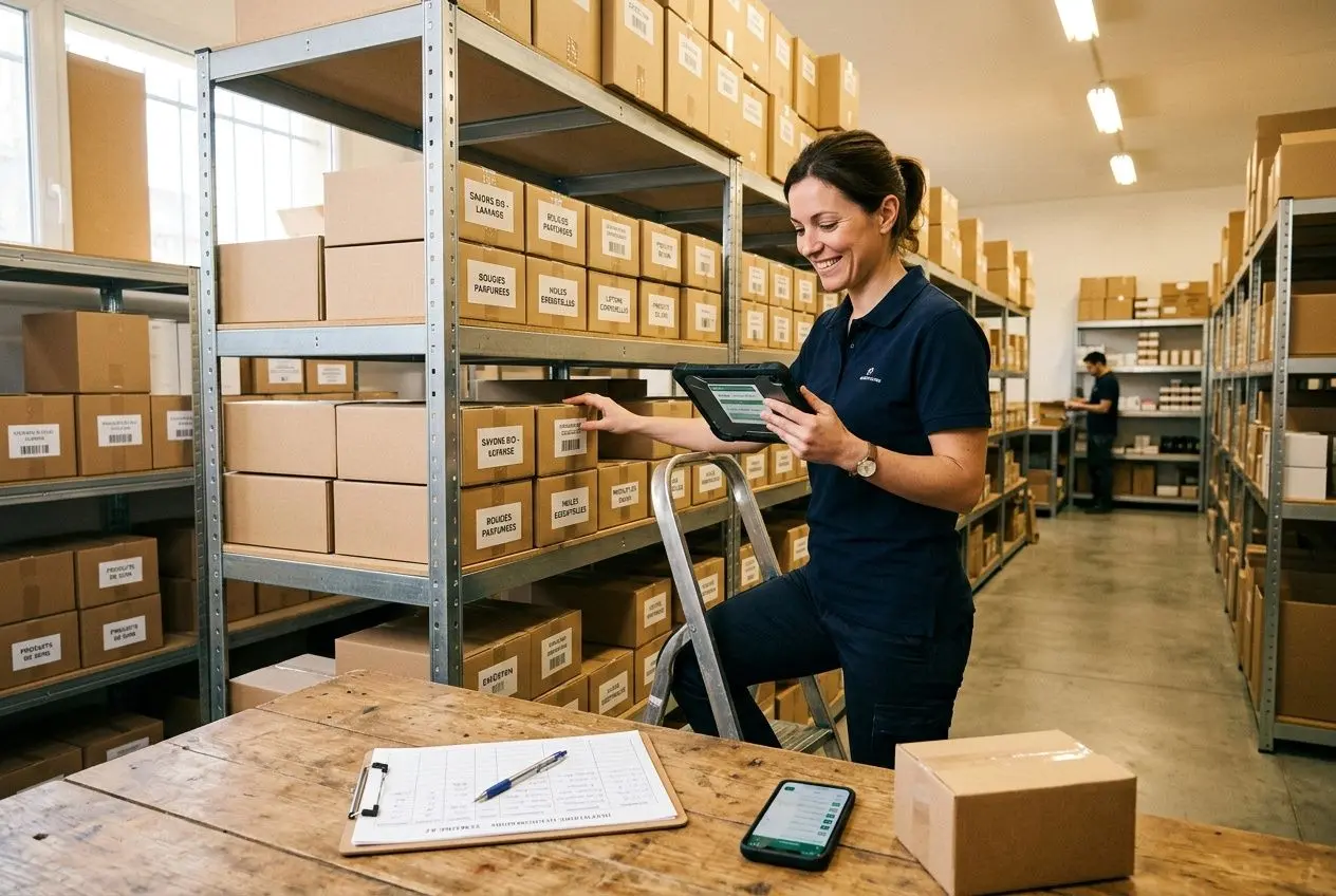 Agent en entrepôt utilisant une tablette pour gérer les stocks, rangements étiquetés et calcul de rotation des stocks, avec un carnet et téléphone sur une table.