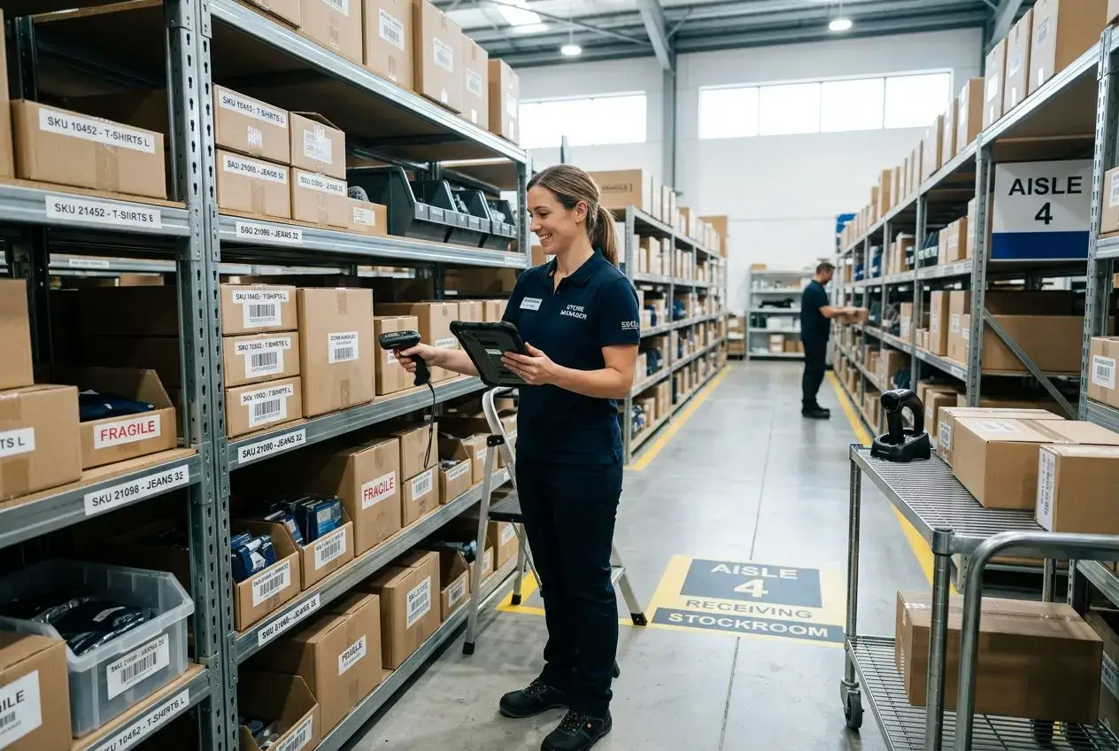 Agent de magasin utilisant un lecteur et une tablette pour gérer les stocks, parmi des rayonnages remplis de colis et étiquettes. gestion de stock magasin