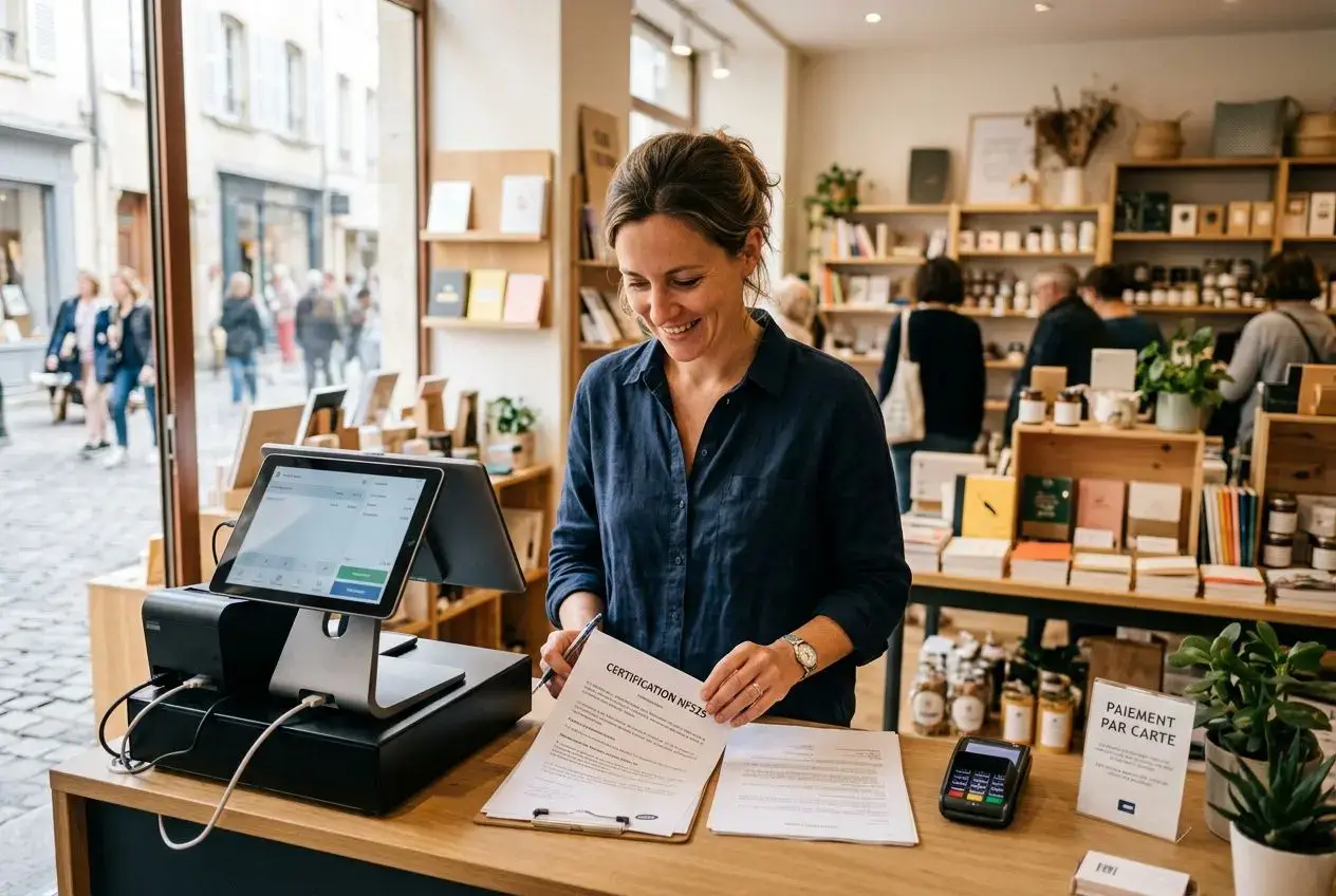 Caissière en boutique utilisant un terminal de paiement avec certificat NF525 à l’appui sur le comptoir.