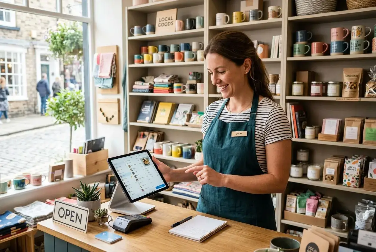 Caissière utilisant une tablette dans une boutique locale, avec des étagères remplies de mugs et produits, devant une façade vitrée. gestion stocks multi-magasins petite entreprise est évoqué.