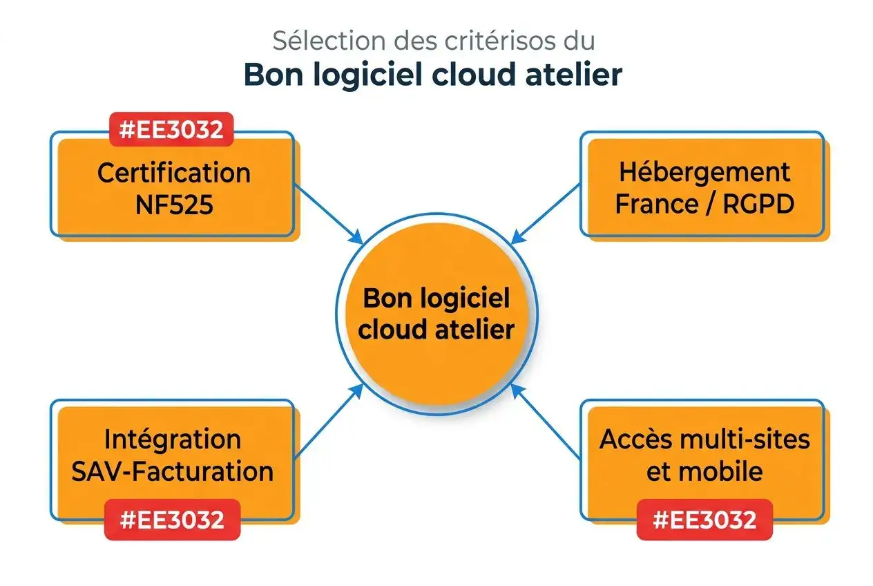 Centre orange: “Bon logiciel cloud atelier” avec flèches vers 4 blocs: Certification NF525, Hébergement France/RGPD, Intégration SAV-Facturation, Accès multi-sites et mobile. Titre: Sélection des critères du Bon logiciel cloud atelier.