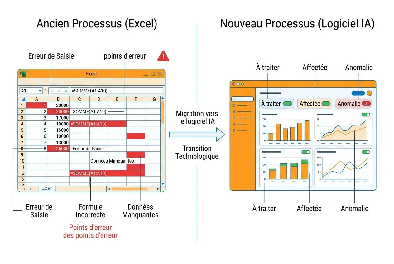 Comparaison graphique: ancien processus Excel avec erreurs de saisie et données manquantes vs nouveau processus avec IA montrant traitement, affectation et anomalies. rapprochement bancaire ia intégré.