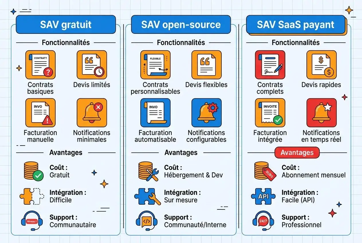 Comparatif visuel des trois SAV: gratuit, open-source, SaaS payant avec fonctionnalités et avantages détaillés.