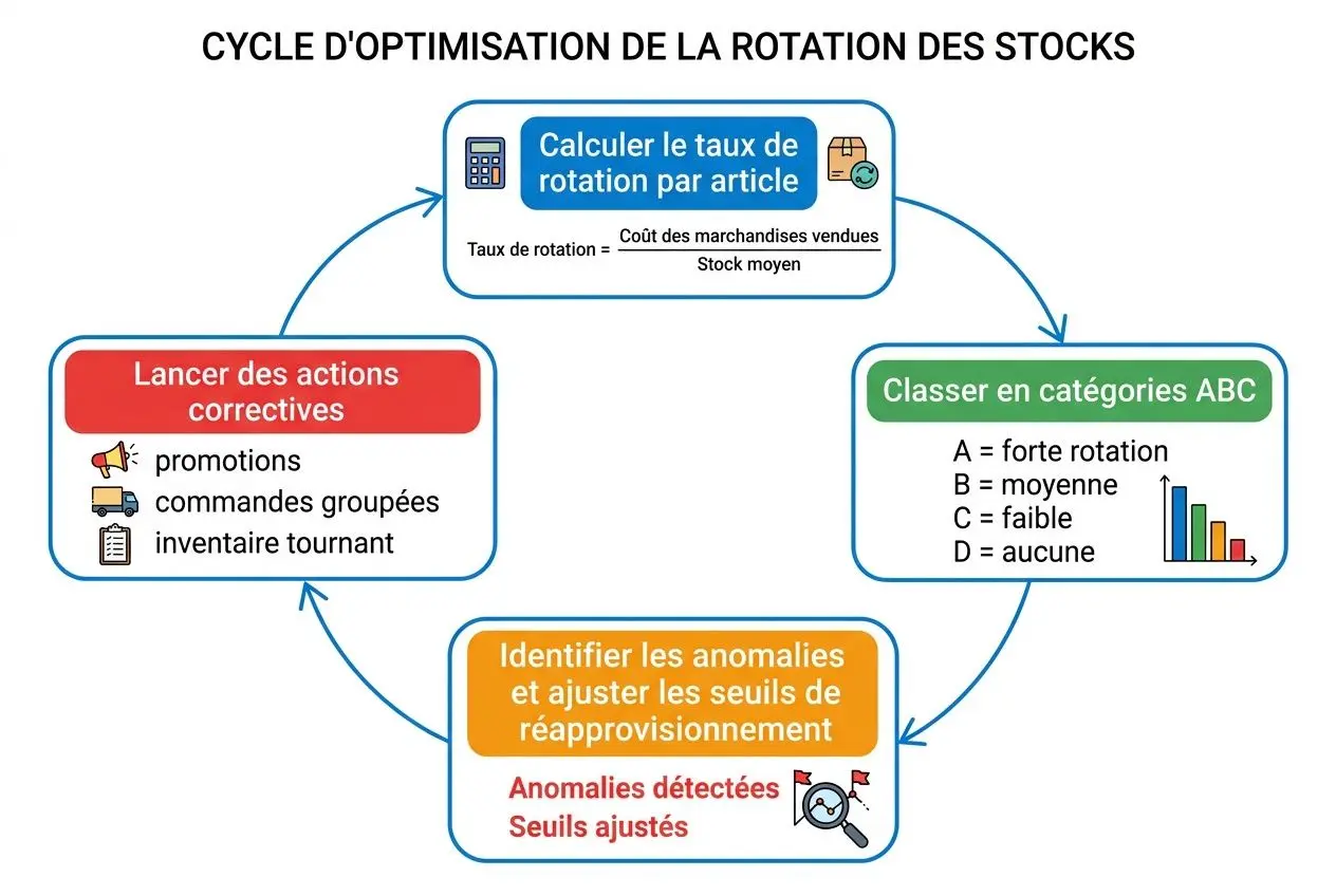 Cycle d’optimisation de la rotation des stocks montrant calcul du taux par article, classification ABC, anomalies et actions correctives.
