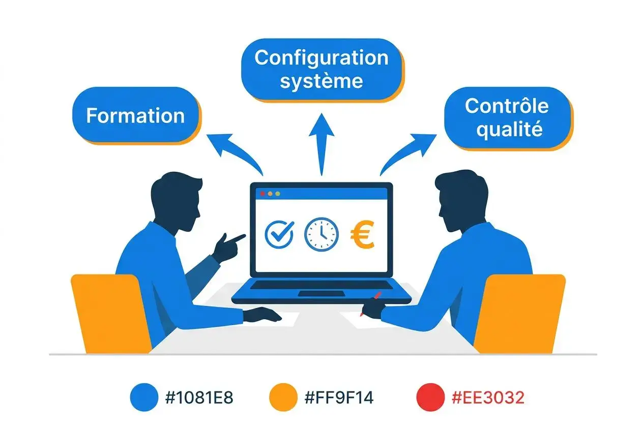 Deux personnes discutant autour d’un ordinateur portable, avec des flèches et bulles disant « Formation », « Configuration système » et « Contrôle qualité ». Couleurs bleues et orange, style illustratif.