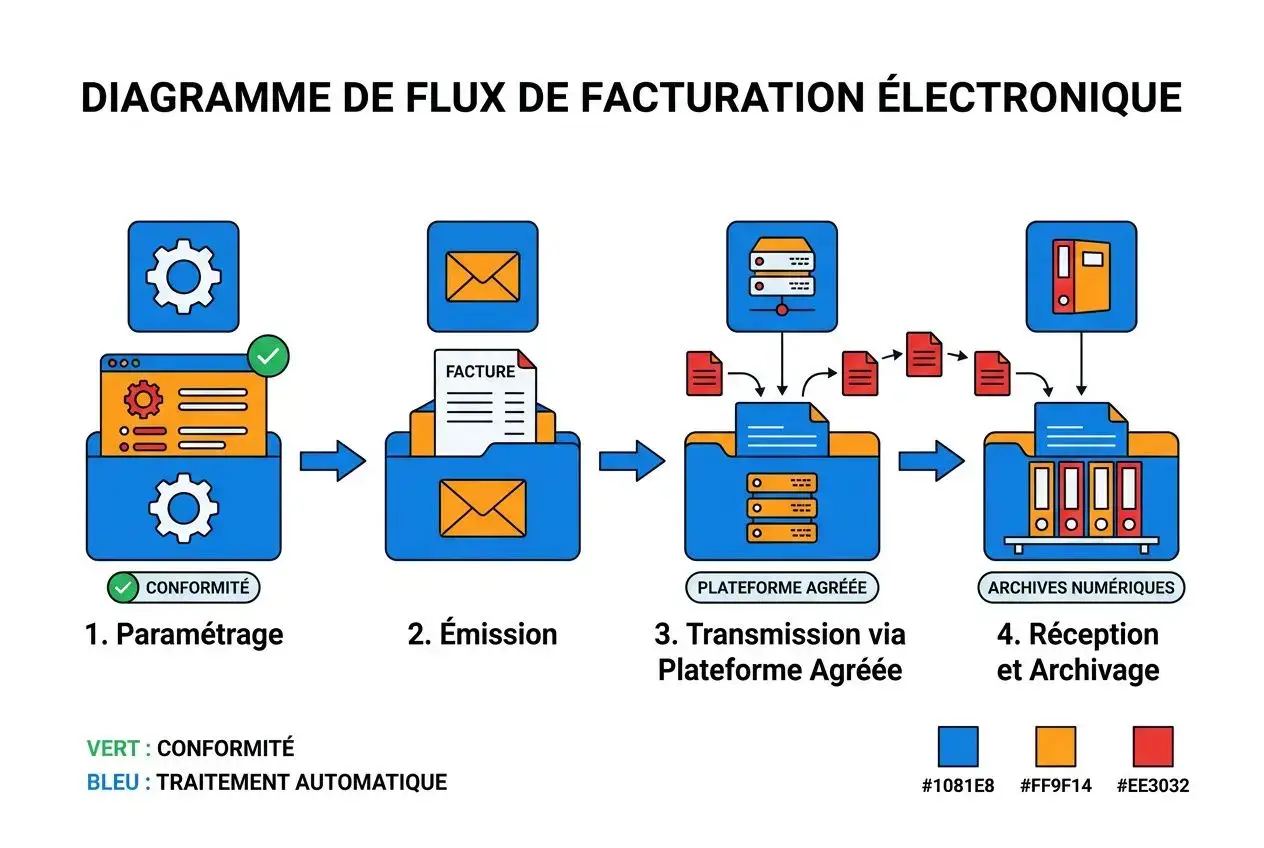 Diagramme de flux de facturation électronique montrant les étapes: paramétrage, émission, transmission via plateforme agréée, réception et archivage. intégration du mot-clé : facturation électronique mise en place dans le cadre du guide 2026.