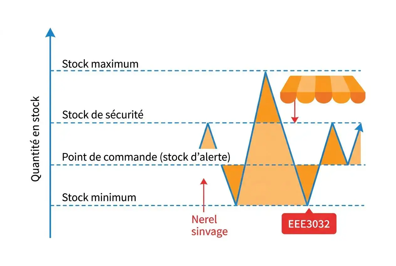 Diagramme de gestion de stock montrant les niveaux: stock minimum, point de commande, stock de sécurité et stock maximum avec des fluctuations de quantités et une icône de magasin.