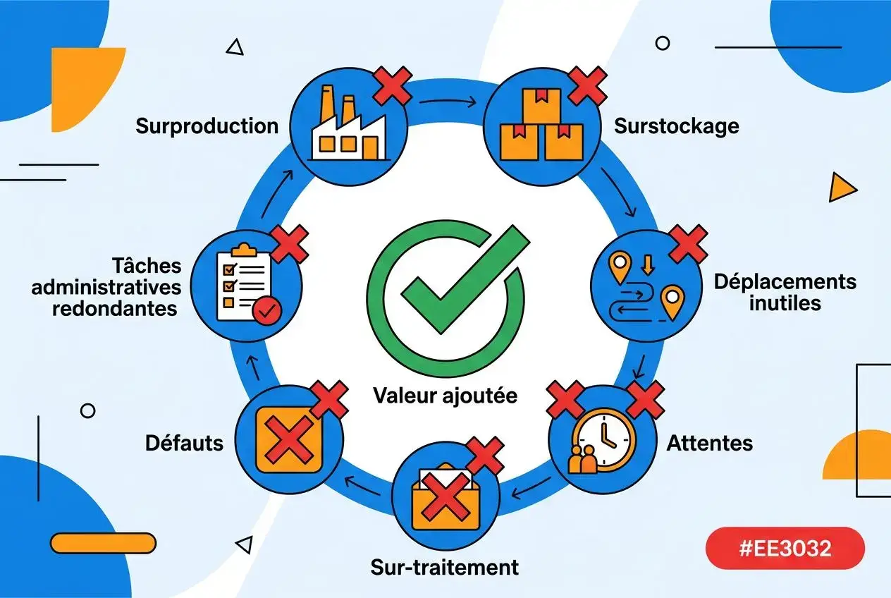 Diagramme illustrant une boucle de gestion KPI avec valeur ajoutée au centre et flux entourant les obstacles: surproduction, stockages, déplacements inutiles, attentes, sur-traitement, défauts, tâches administratives redondantes. Intègre le mot-clé: 10 façons d'optimiser ses kpi.