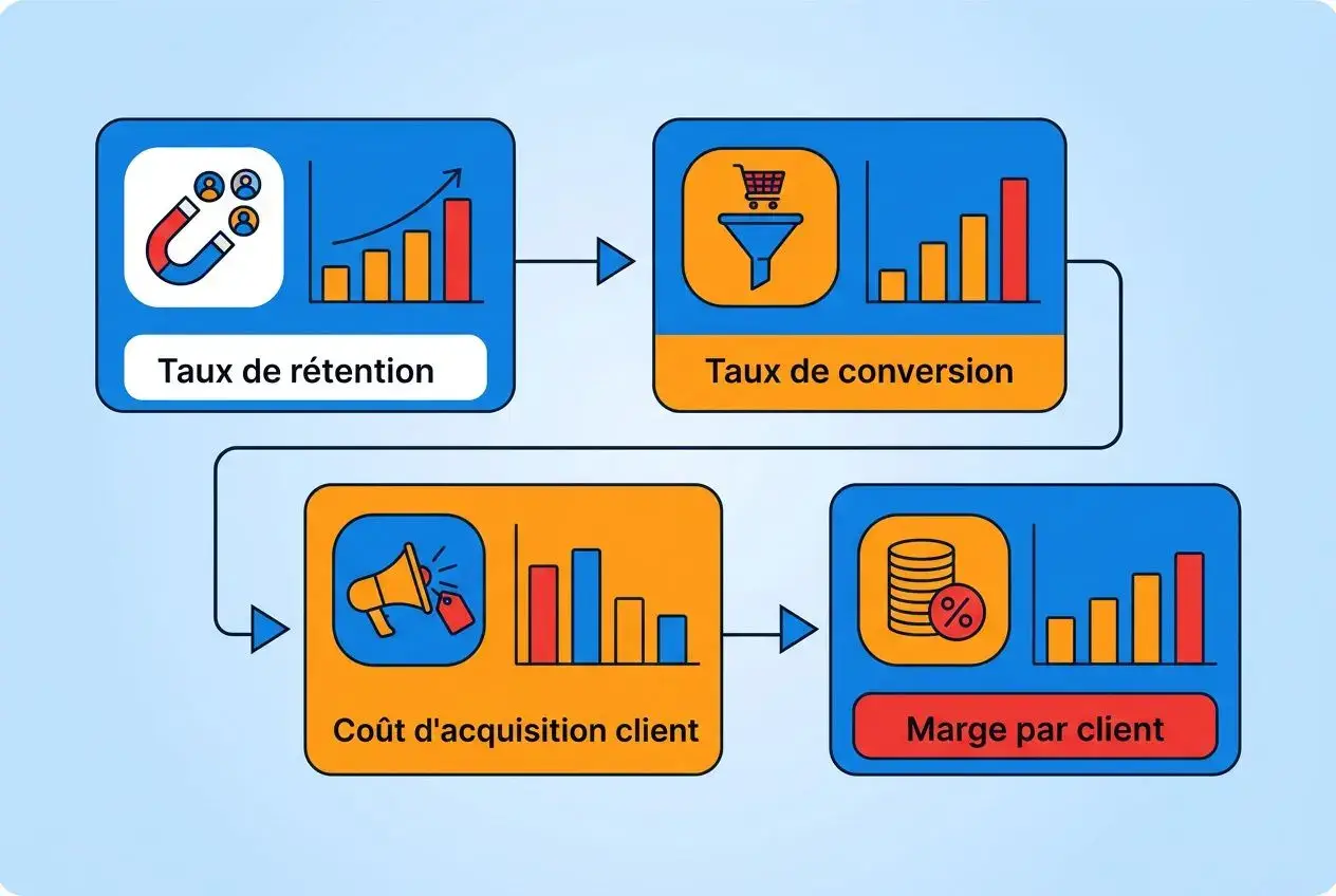 Diagramme illustrant les KPI: Taux de rétention → Taux de conversion → Coût d'acquisition client → Marge par client, pour piloter l'activité.