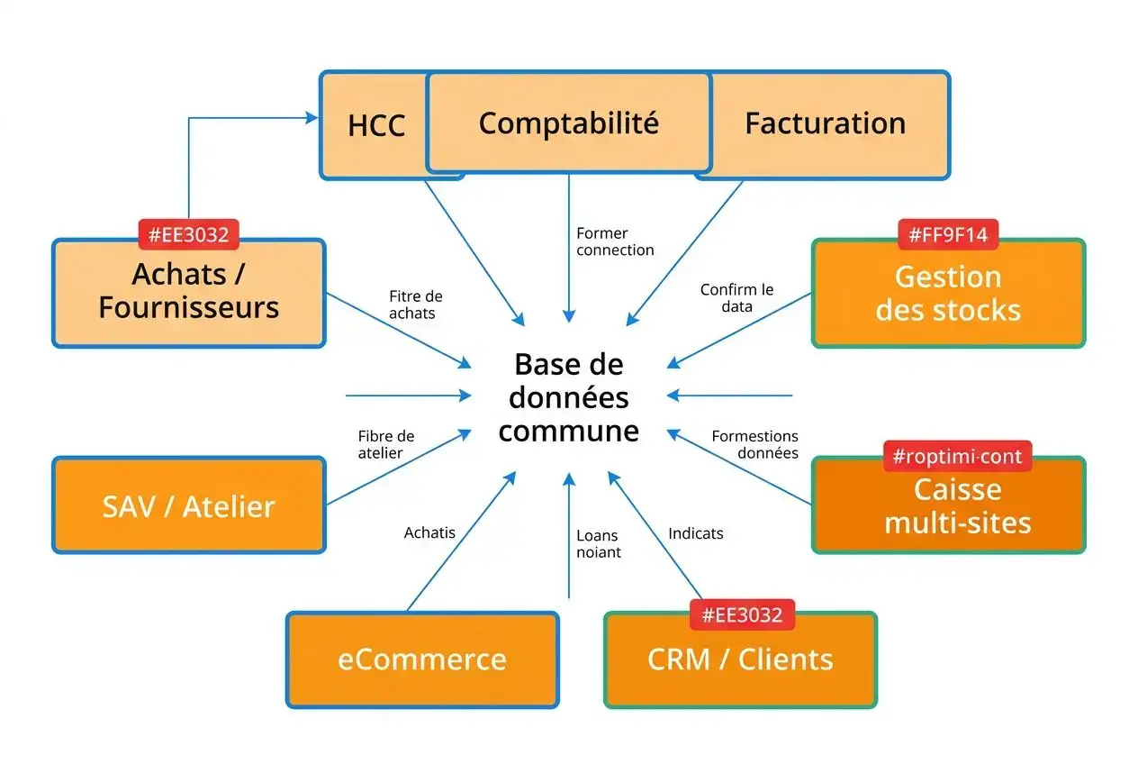 Diagramme montrant une base de données commune reliée à HCC, Comptabilité, Facturation, Gestion des stocks, Caisse multi-sites, CRM/Clients, eCommerce, SAV/Atelier et Achats/Fournisseurs.