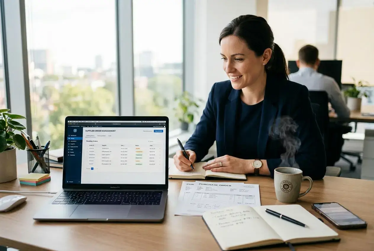 Femme en bureau souriante, utilisant un ordinateur portable affichant un tableau de gestion des commandes; carnet, tasse et notes sur le bureau. gestion commandes fournisseurs en ligne intégré.