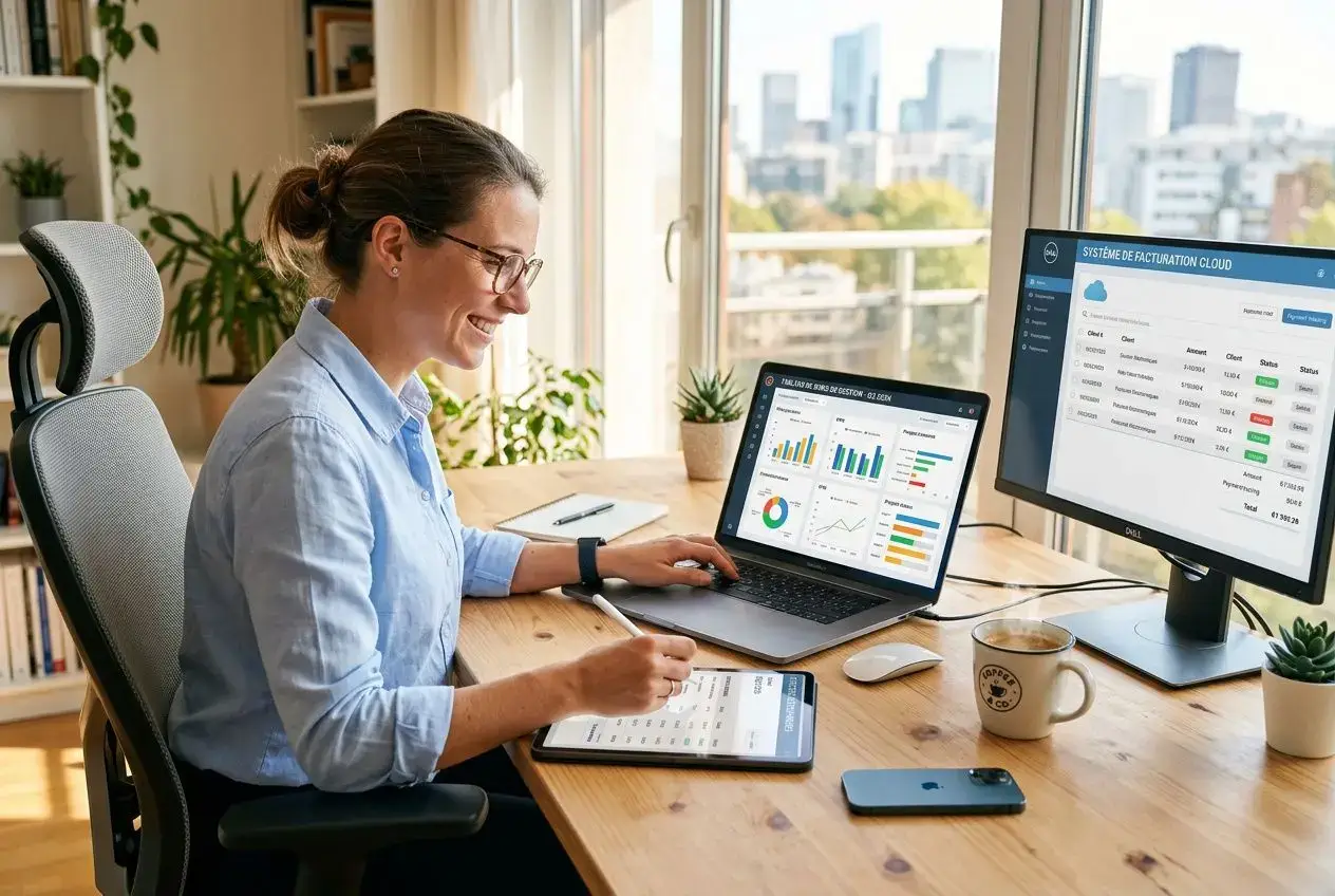 Femme au bureau travaillant sur ordinateur portable et tablette pour la facturation électronique mise en place, avec écrans affichant des graphiques et données, ambiance lumineuse.