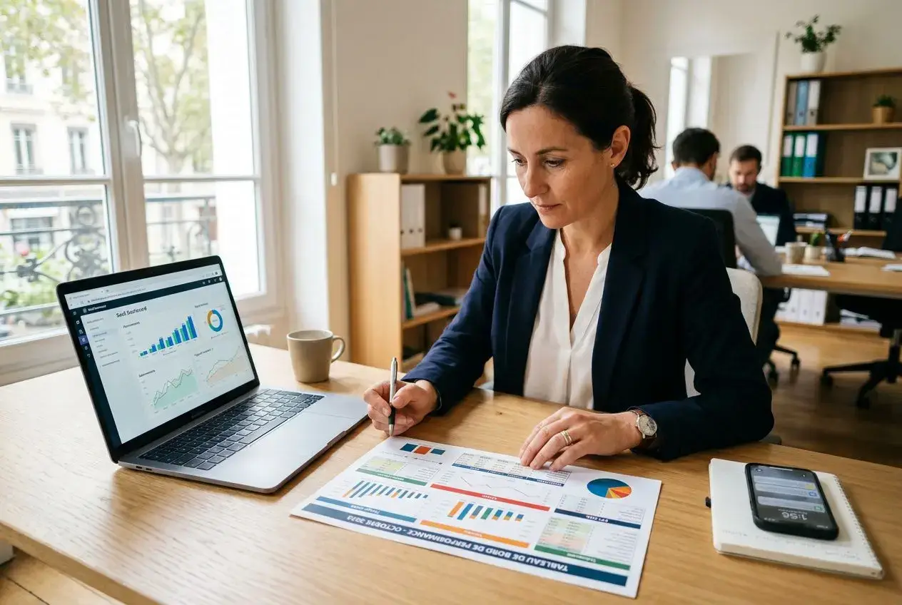 Femme d’affaires analysant des KPI sur un laptop, en train de noter des graphs et graphiques sur des documents au bureau. 10 façons d'optimiser ses kpi présent.
