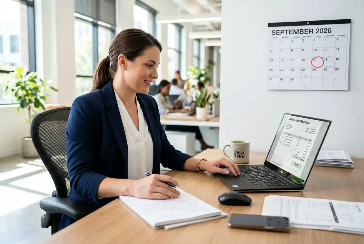 Femme d’affaires souriante travaillant sur un ordinateur portable dans un bureau lumineux, calendrier septembre 2026 au mur. alt text.