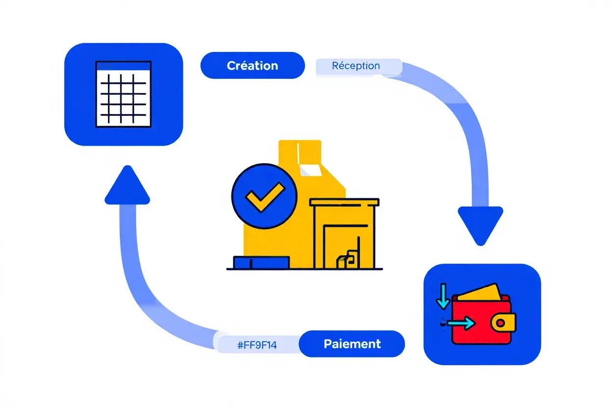 Gestion commandes fournisseurs en ligne: création, réception et paiement illustrés par un flux de processus et icônes vendeurs/foyers.