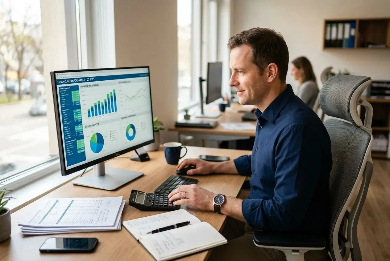 Homme au bureau utilisant un écran affichant des graphiques financiers, clavier et calculatrice, en environnement de travail. rappprochement bancaire ia intégré.