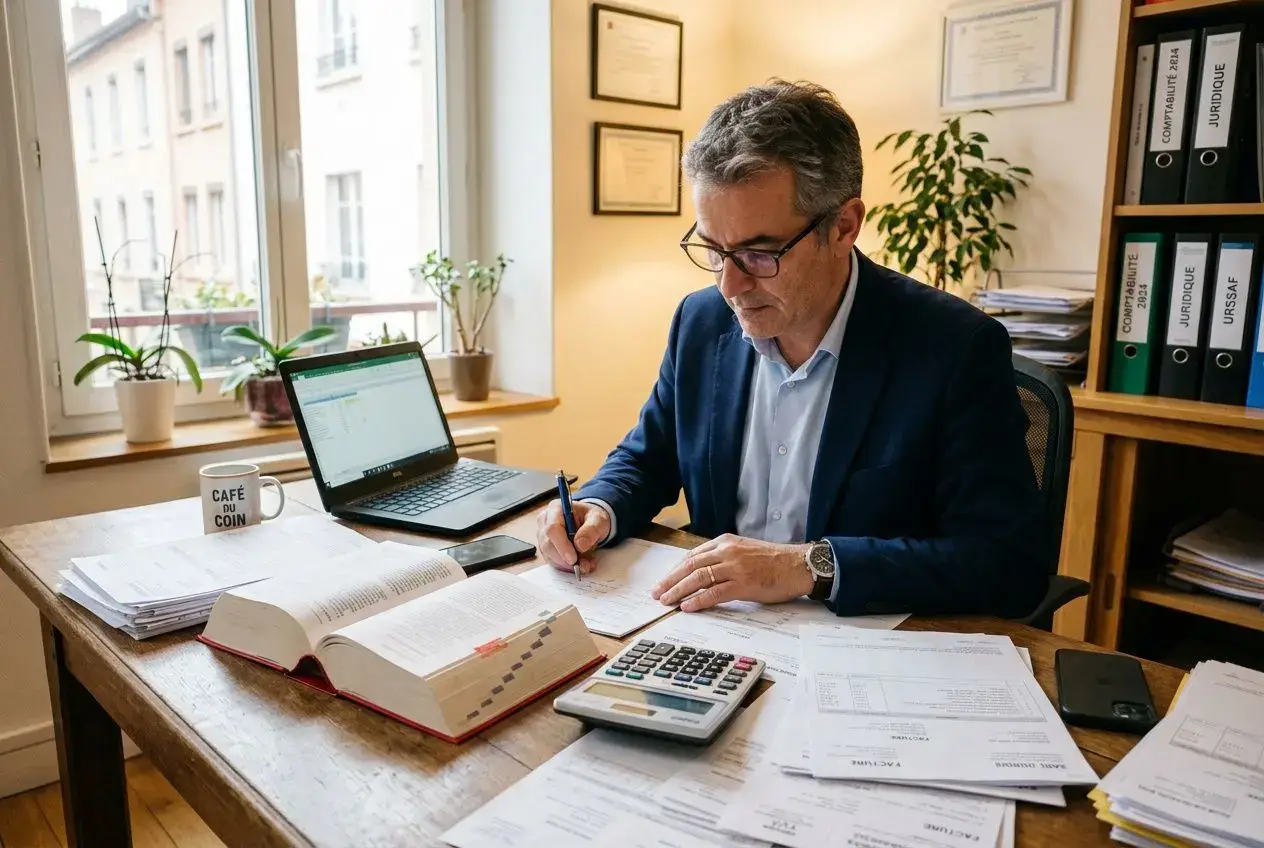 Homme d’affaires travaillant à son bureau, en train de signer des documents près d’un ordinateur et de livres ouverts. (erreur de gestion entreprise)