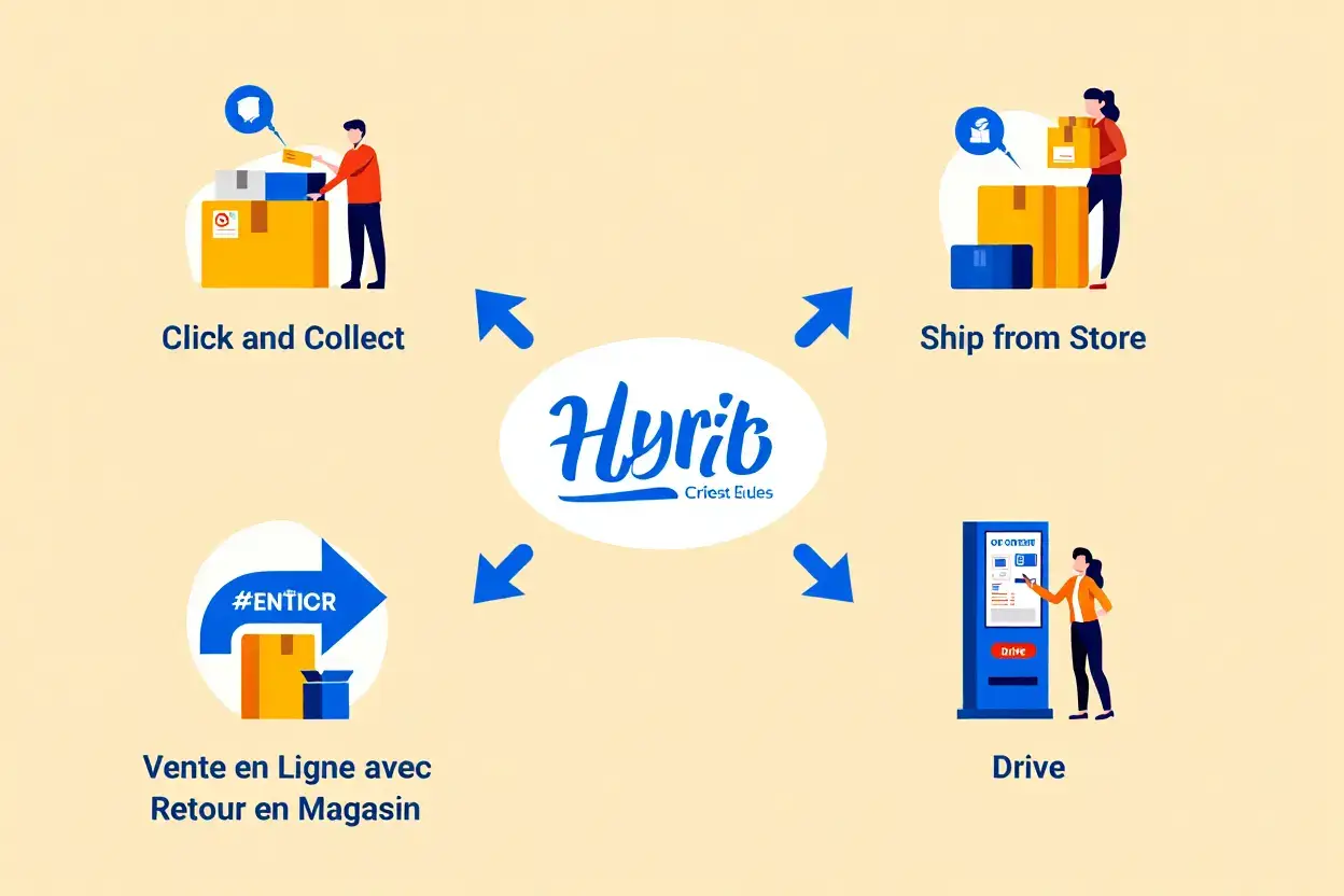 Illustration montrant synchronisation vente en ligne magasin avec un centre “Hyrib” et quatre icônes: Click and Collect, Ship from Store, Vente en Ligne avec Retour en Magasin, Drive.