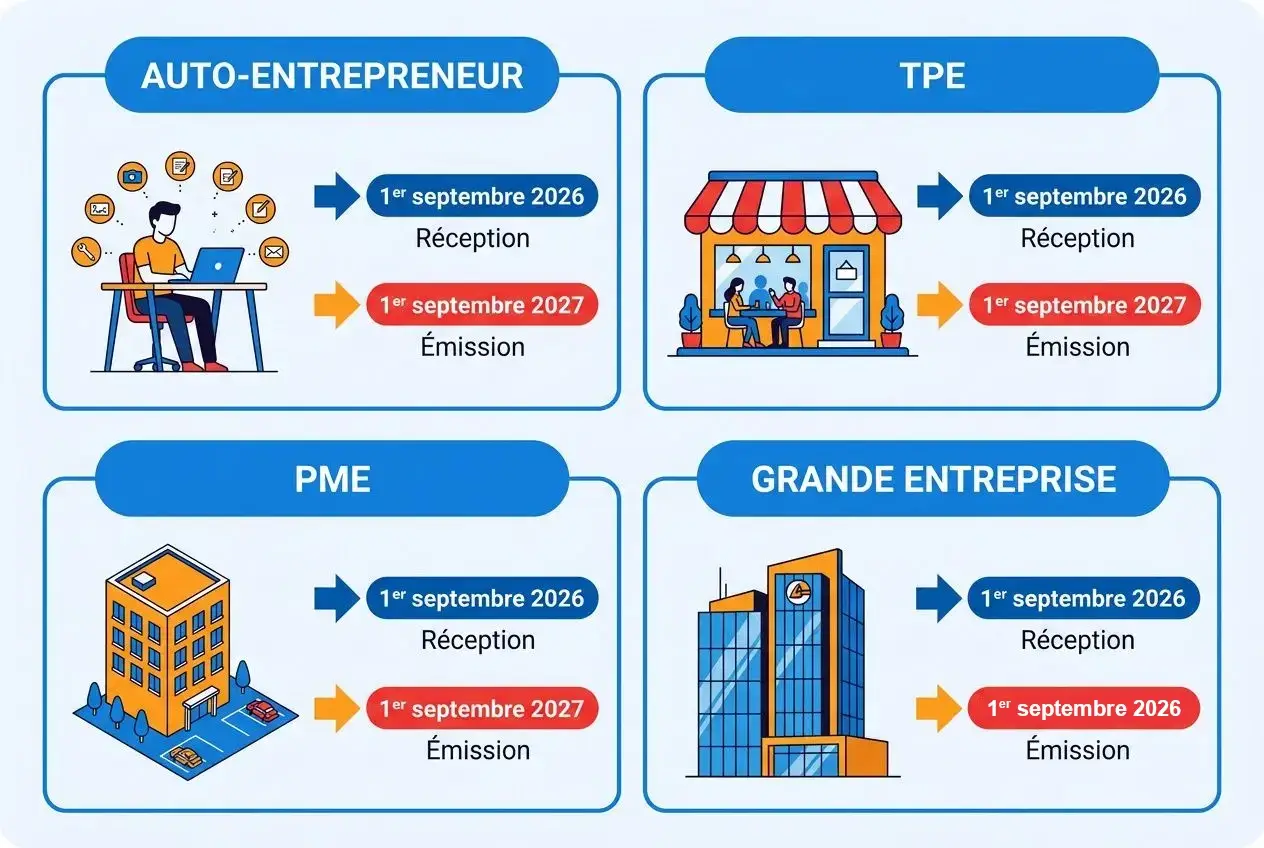 Infographie montrant les étapes NF525 par secteur: Auto-entrepreneur, TPE, PME et grande entreprise avec dates de réception (2026) et d’émission (2027). Infographie montrant les étapes NF525 par secteur: Auto-entrepreneur, TPE, PME et grande entreprise avec dates de réception (2026) et d’émission (2027).