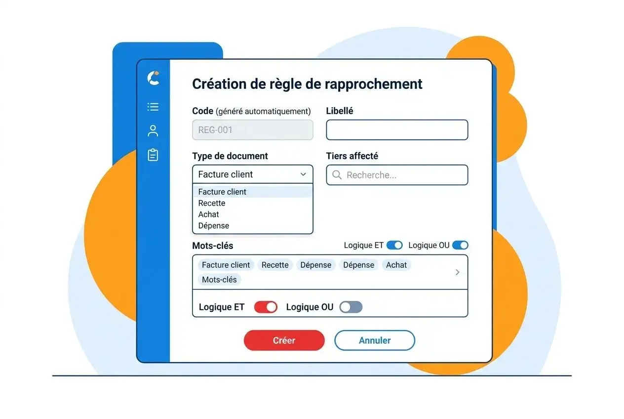 Interface illustrant la création d’une règle de rapprochement, avec champs Code, Libellé et filtres, pour le rapprochement bancaire ia et l’automatisation.