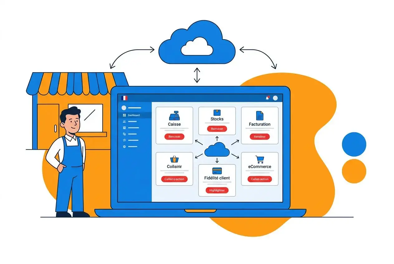 Logiciel de gestion d'entreprise complet: illustration d’un commerçant devant un ordinateur affichant des modules ERP et cloud.