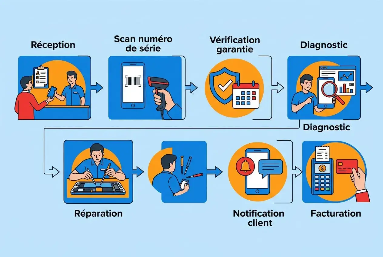 Processus d’atelier réparation logiciel cloud montrant réception, scan, vérification garantie, diagnostic, réparation, notification client et facturation dans un flux visuel. cible l’atelier réparation logiciel cloud.