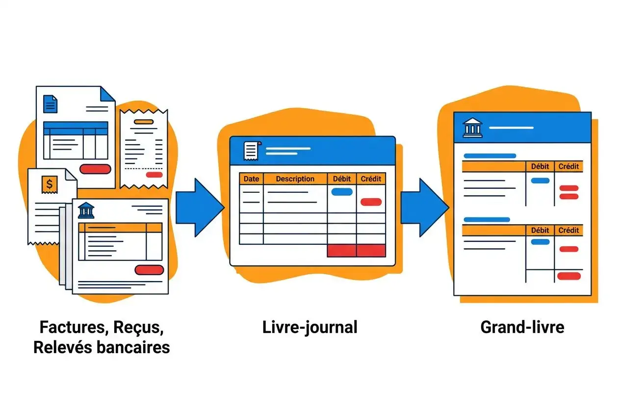 Processus de gestion comptabilité petite entreprise: de factures et relevés à grand livre via livre-journal et grand-livre.