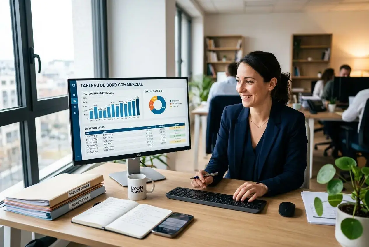 Professionnelle souriante travaillant sur un écran affichant un tableau de bord de données, tablette et carnet sur le bureau. centraliser devis factures stocks dans le cadre d’une gestion efficace.