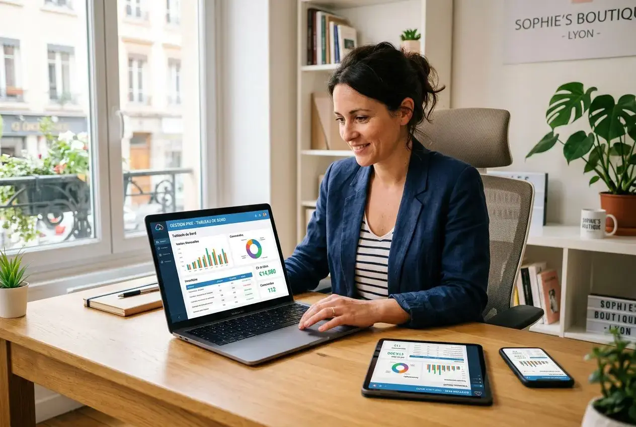 Une professionnelle souriante travaille sur un ordinateur portable avec des graphiques, entourée d’un téléphone et d’une tablette, dans un bureau lumineux. logiciel de gestion d'entreprise complet intégré.