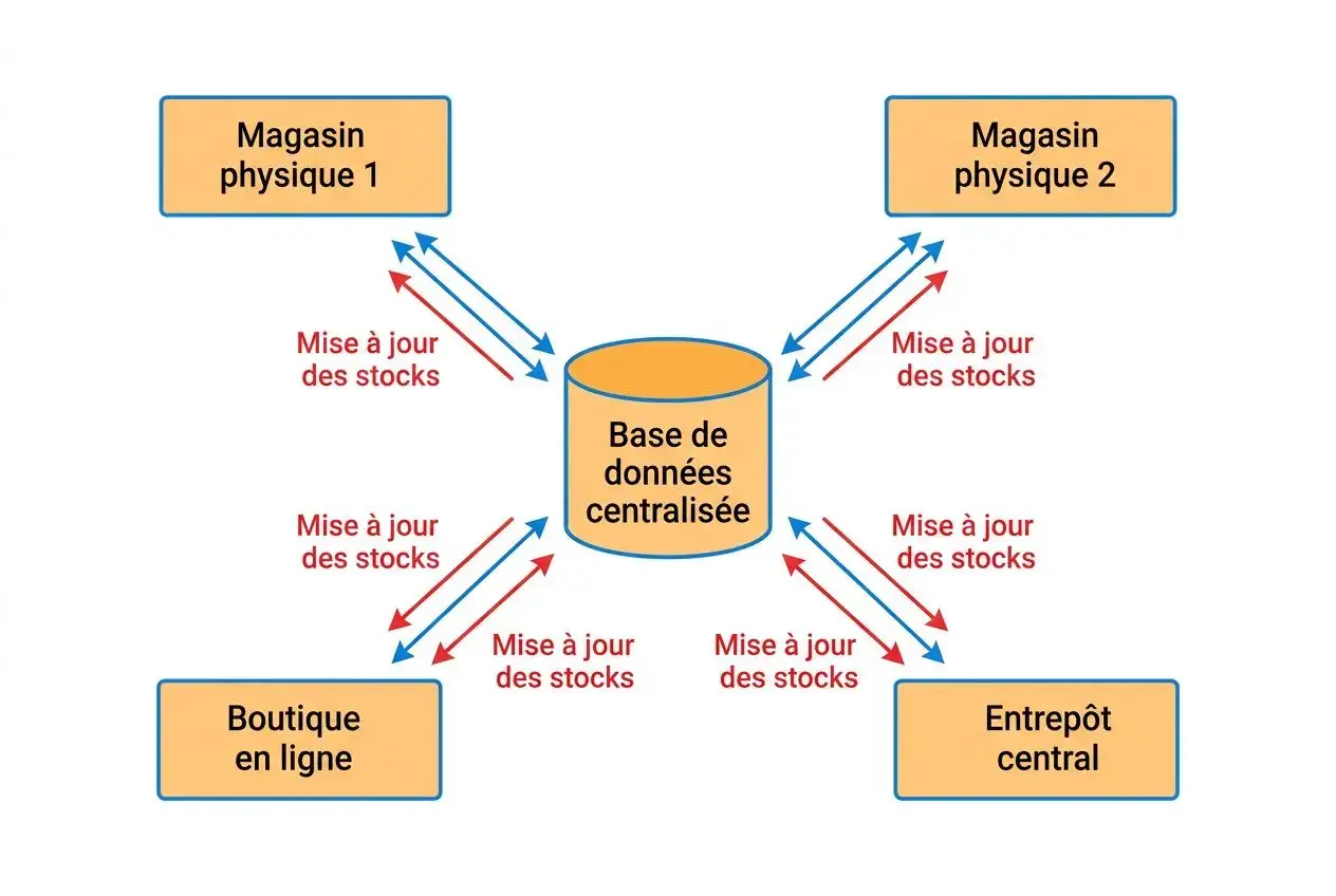 Schéma d’un système de gestion des stocks multi-magasins avec base de données centralisée et flux de mise à jour des stocks entre magasin physique 1, magasin physique 2, boutique en ligne et entrepôt central.