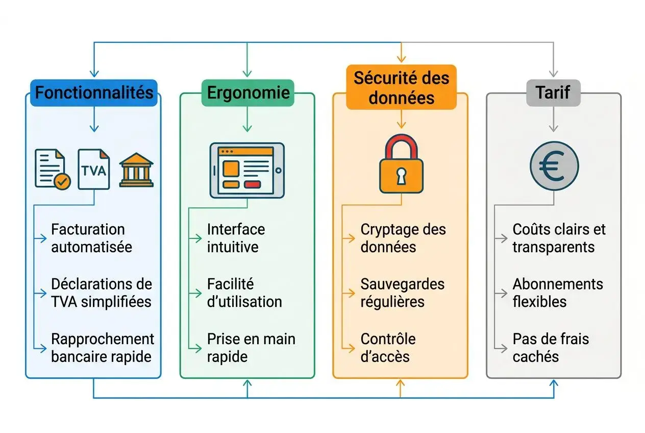 Schéma sur la gestion comptabilité petite entreprise: fonctionnalités (facturation automatisée, déclarations TVA simplifiées, rapprochement bancaire rapide), ergonomie (interface intuitive, facilité d’utilisation, prise en main rapide), sécurité des données (cryptage, sauvegardes régulières, contrôle d’accès), tarif (coûts transparents, abonnements flexibles, pas de frais cachés).