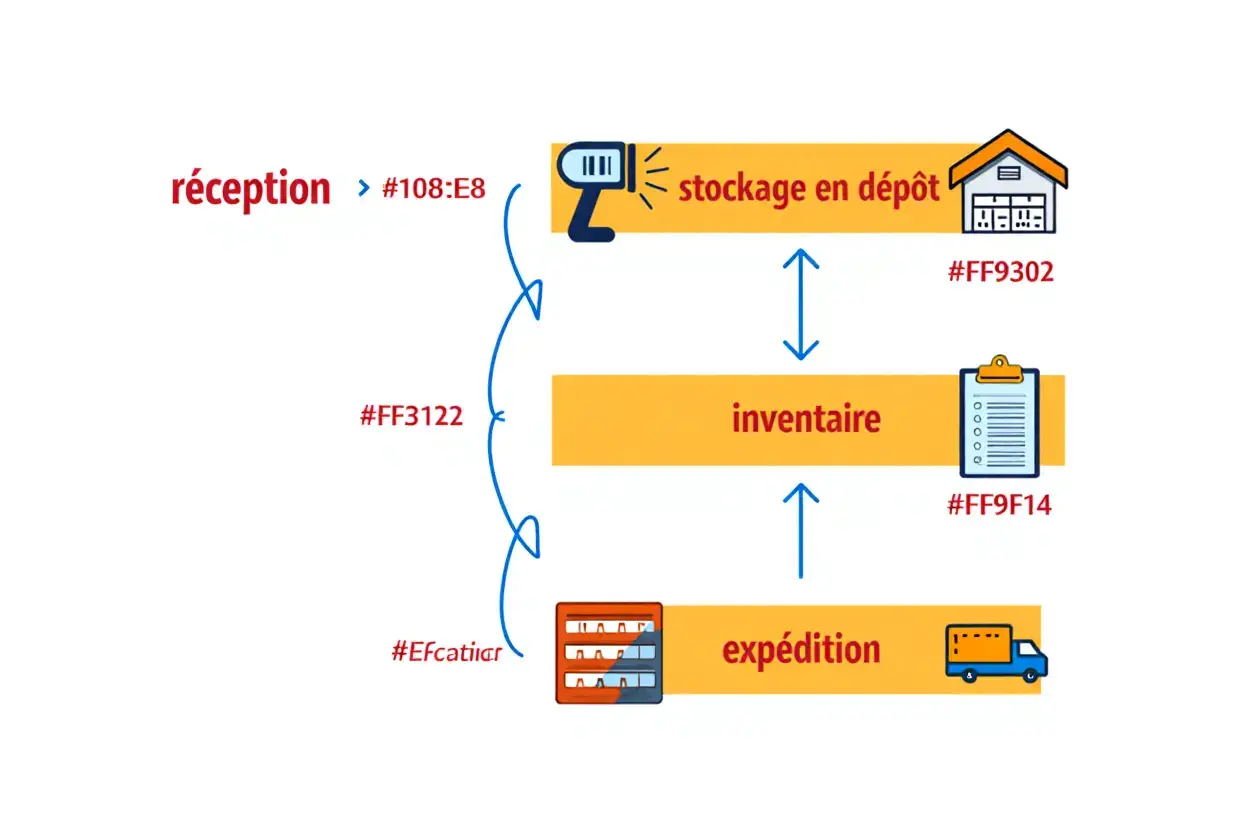 Schéma illustrant la gestion stock code barre: flux entre réception, inventaire et expédition avec codes couleur et flèches bidirectionnelles.
