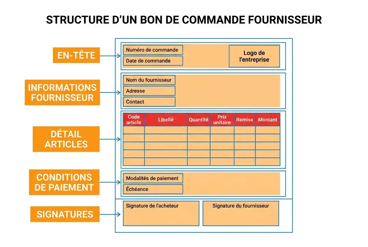 Schéma structurel d’un bon de commande fournisseur avec sections En-tête, Informations fournisseur, Détail articles, Conditions de paiement et Signatures.